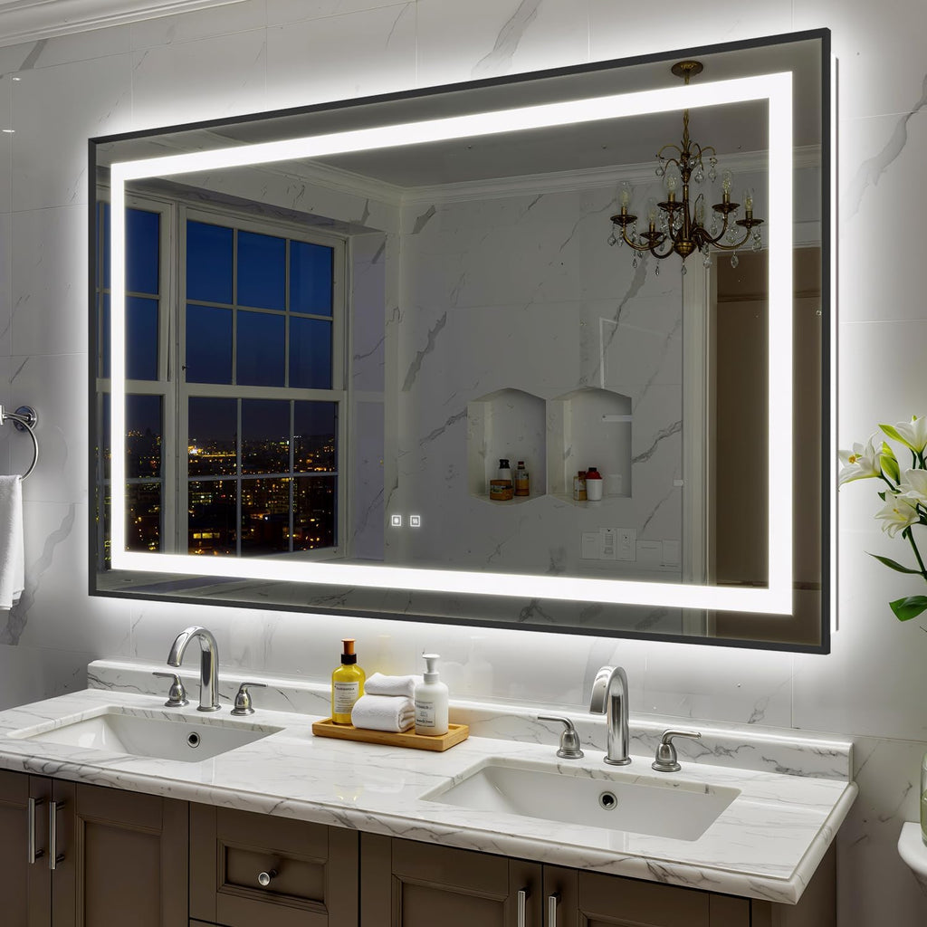60X36 Inch LED Bathroom Mirror with Lights, Black Frame Frontlit+ Backlit Bathroom Vanity Mirror for Wall, Ultra-Clear Tempered Glass, Shatter-Proof, Anti-Fog and Memory Function, ETL Listed