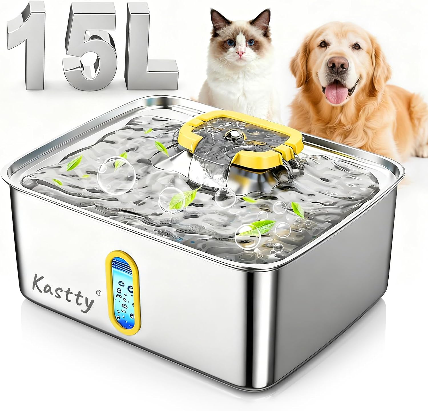 Kastty 3.96 Gal Dog Water Fountain for Large Dogs, 15L Stainless Steel Pet Water Fountain, QuietTriple Filtration Dog Water Bowl Dispenser with Water Level Window and LED Light Easy Clean(FS78,Yellow)