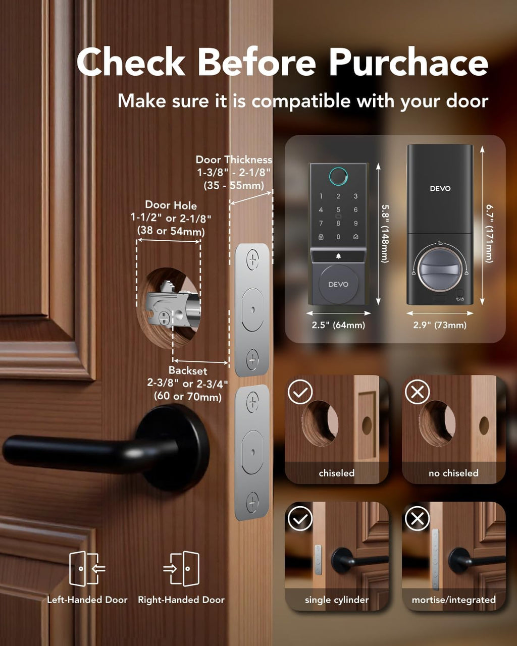 Devo G3 Fingerprint Smart Door Lock, Keyless Entry Door Lock, App Control, Smart Locks for Front Door, Smart Deadbolt Lock, Built-in Wi-Fi, Touchscreen Keypad, 8 Months Battery, IP54 Waterproof
