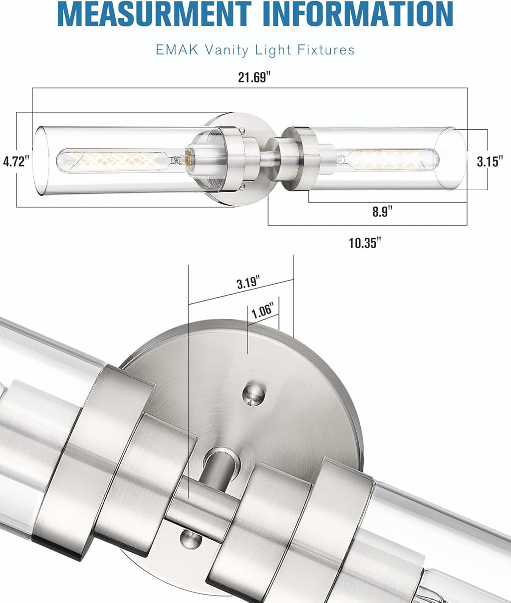 Emak Brushed Nickel Vanity Lights for Bathroom, Modern 22 Inch Bathroom Light Fixtures, 2-Light Cylinder Wall Sconces with Clear Glass Shade for Bathroom, Bedroom, Hallway, VL085-BN-2