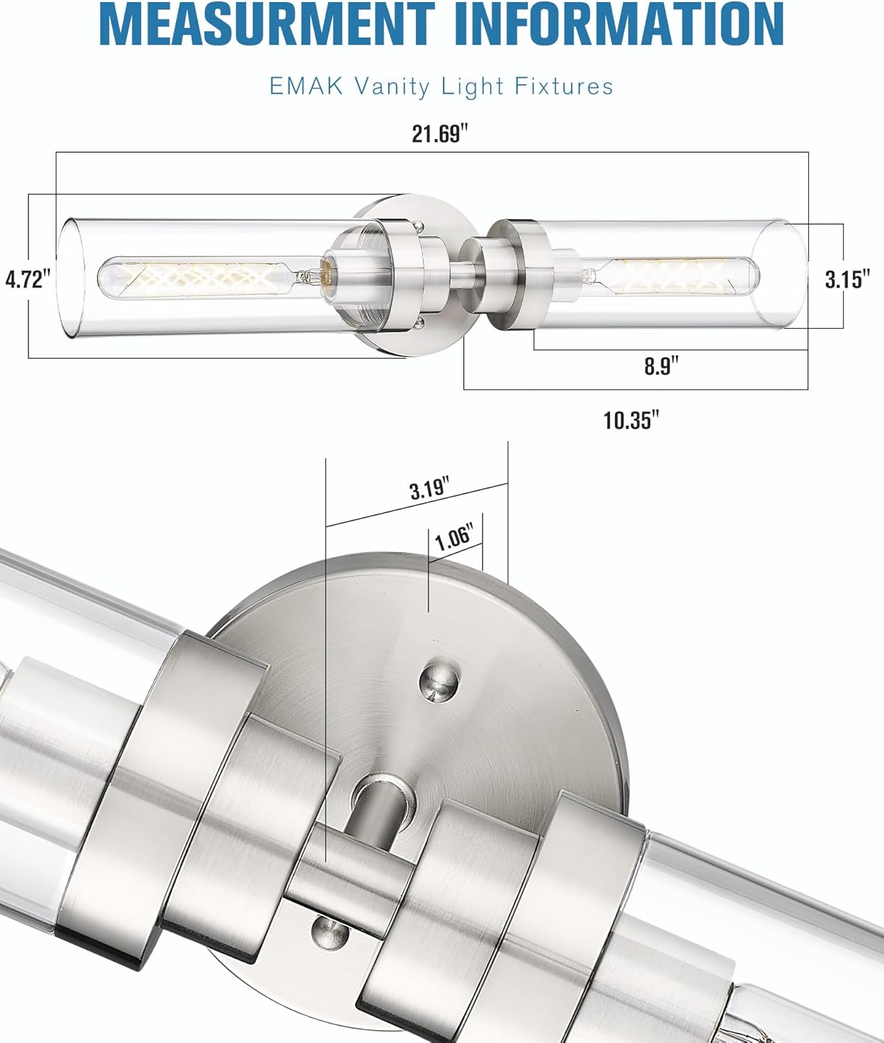 Emak Brushed Nickel Vanity Lights for Bathroom, Modern 22 Inch Bathroom Light Fixtures, 2-Light Cylinder Wall Sconces with Clear Glass Shade for Bathroom, Bedroom, Hallway, VL085-BN-2