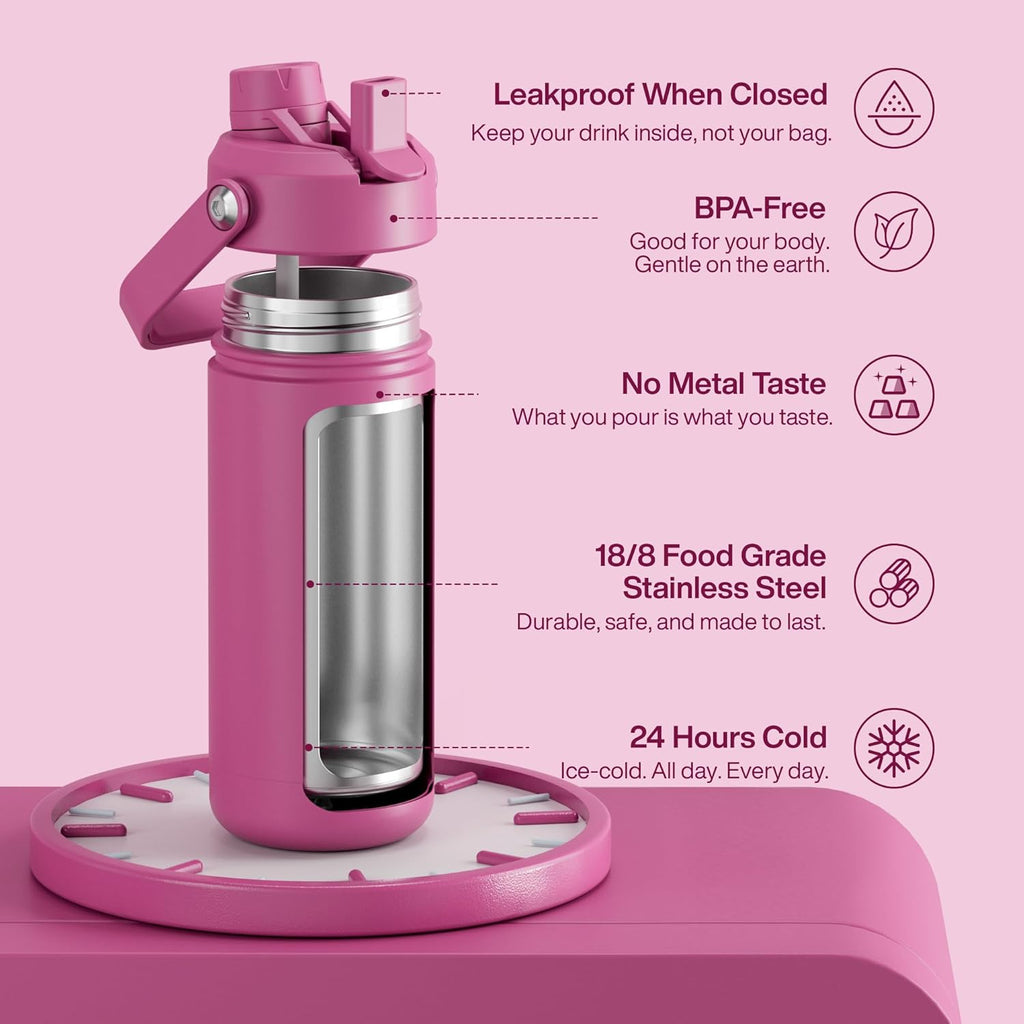 ENCOOL Insulated Water Bottle with Straw Stainless Steel Water Bottle, Leak-Proof, BPA-Free, Double Wall Vacuum Keeps Cold for 24 Hours for Sports, Travel, School (18 oz, Turkish Rose)