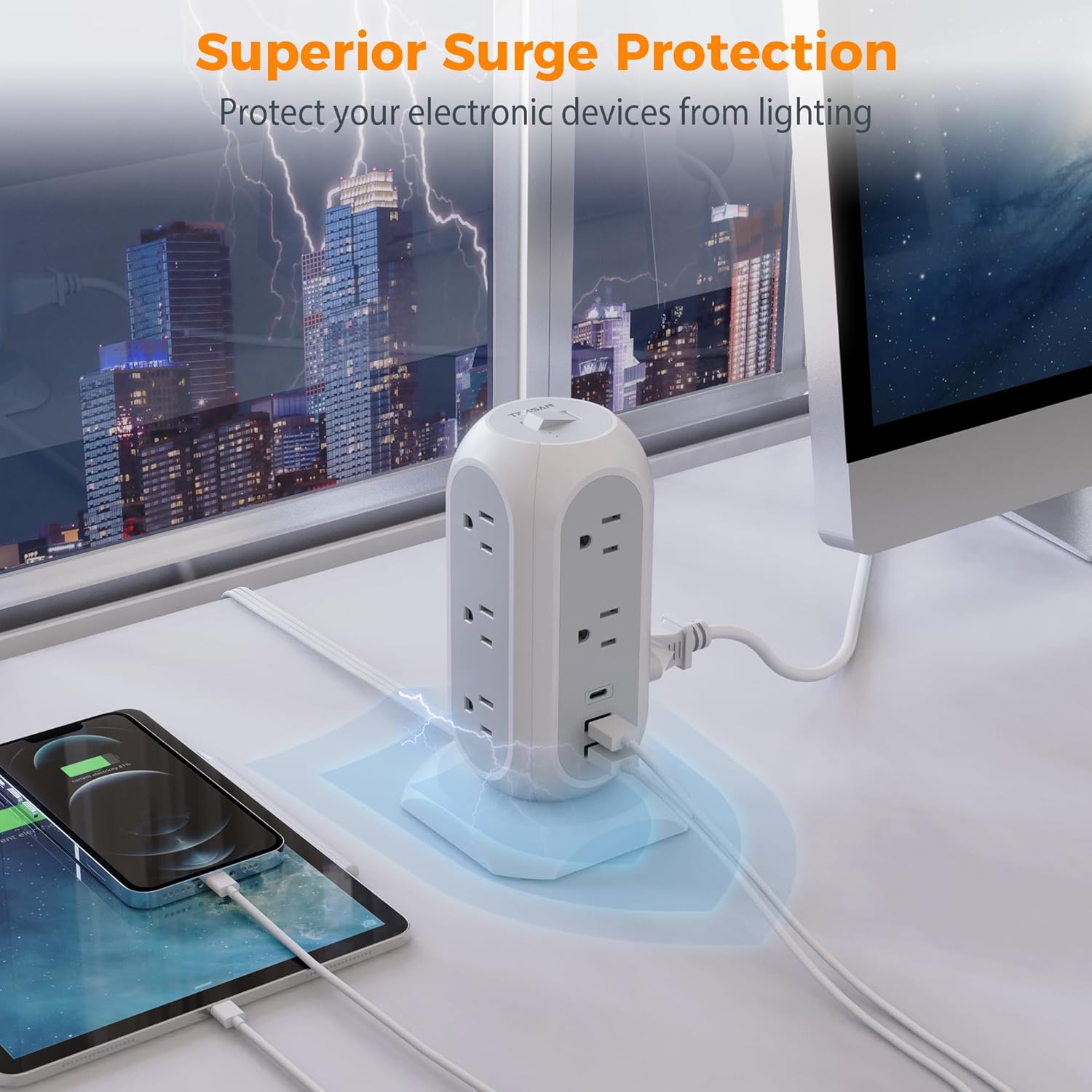 Surge Protector Power Strip Tower 10 Ft, TESSAN Flat Plug Extension Cord with 11 AC Multiple Outlets 3 USB Ports (1 USB C), 1050J Desk Charging Station for Home, Office Supplies, Dorm Room Essentials