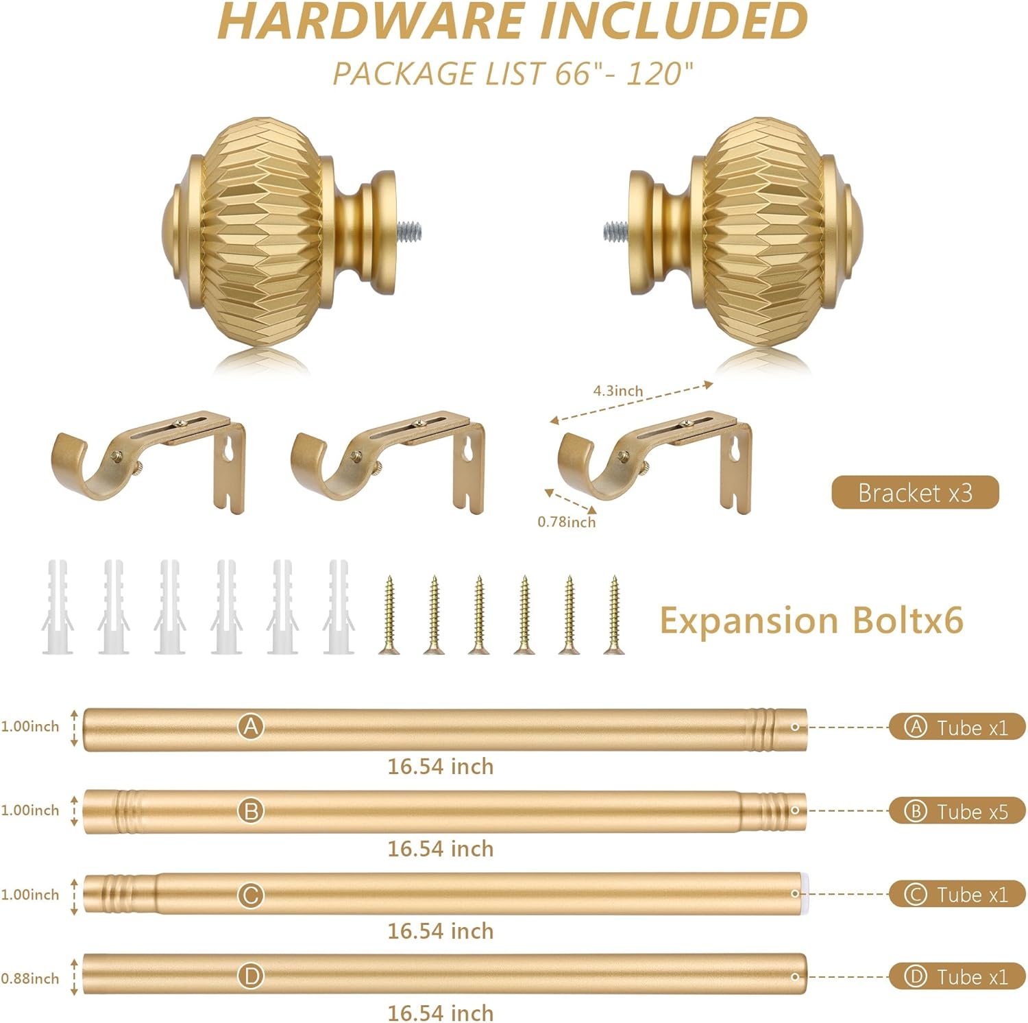 Gold Curtain Rods for Windows 66 to 120 Inches 1 Inch Adjustable Heavy Duty Curtain Rods with Lantern Ball Finials,Window Treatment Single Curtain Rod Set