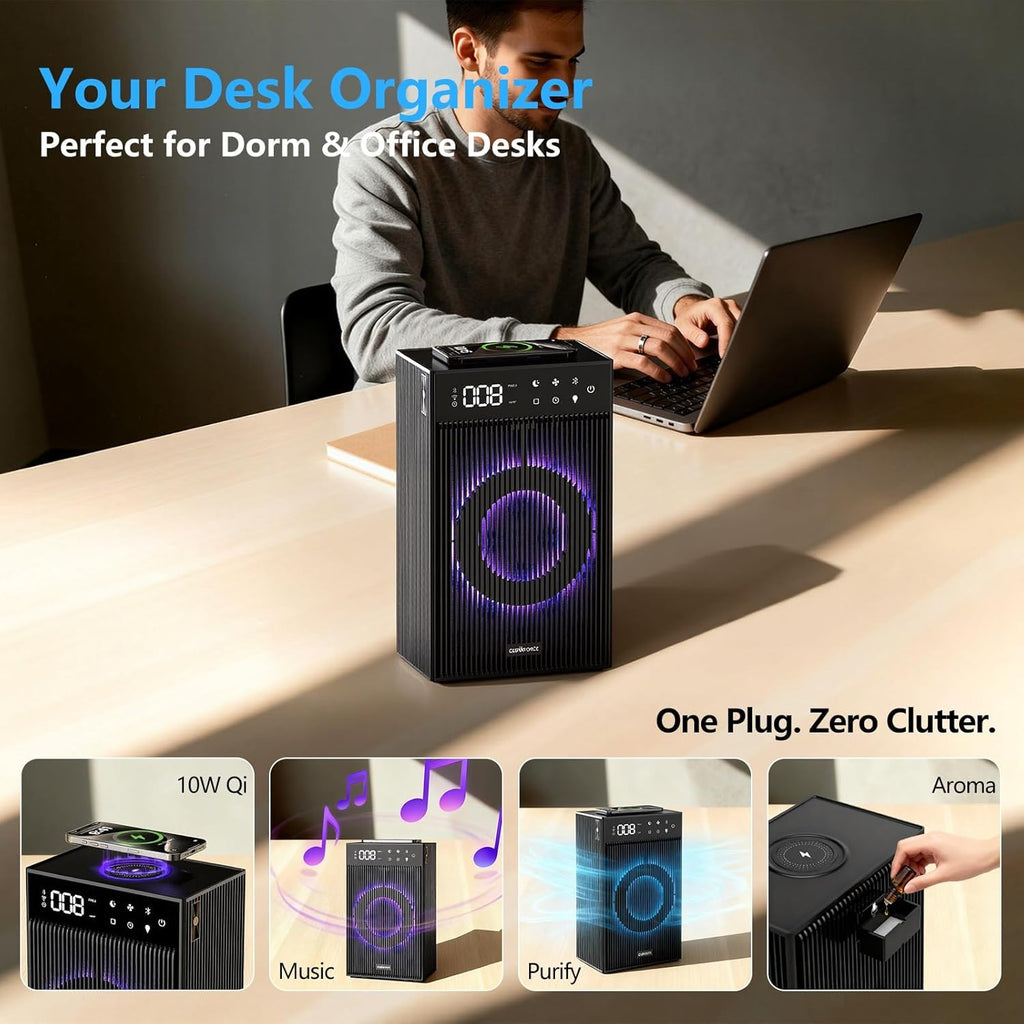 CleanForce Cube | 4-in-1 Desk Smart Air Purifier with Bluetooth Speaker, Wireless Charger & Aroma Diffuser | for Home Office, Bedroom | FCC Certified | Quiet & Space Saving