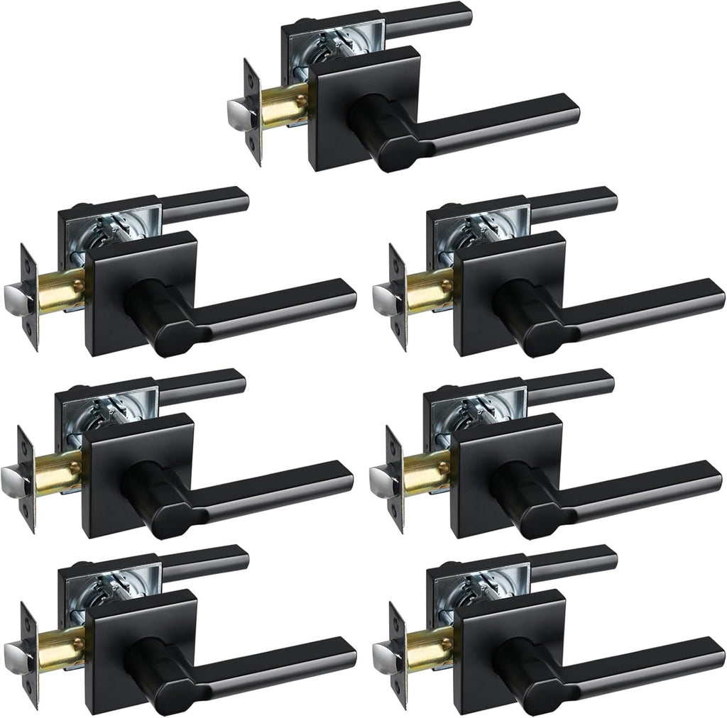 Passage Door Lever (No Lock), Heavy Duty Interior Square Handle for Hallway and Closet, Matte Black, Reversible for Right&Left Handed, 7Packs