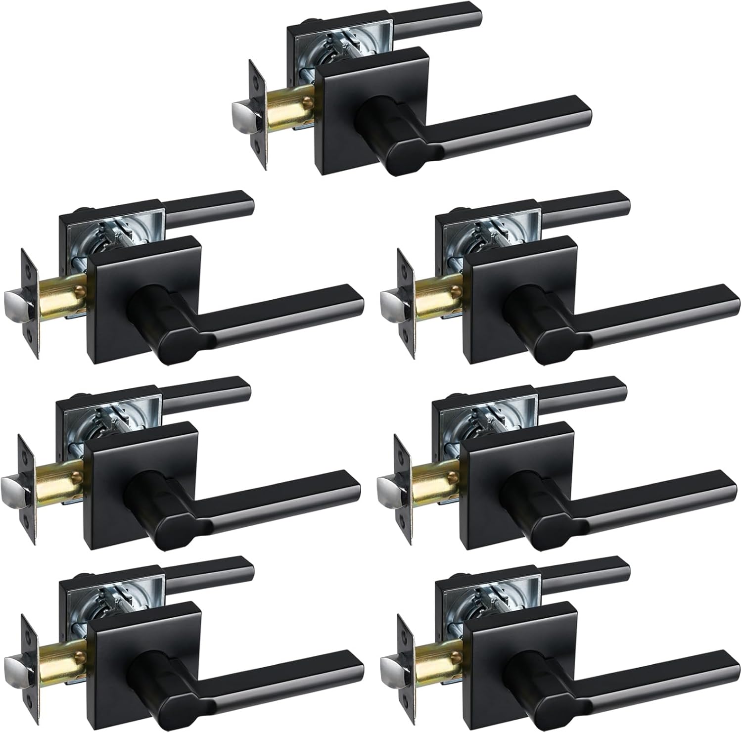 Passage Door Lever (No Lock), Heavy Duty Interior Square Handle for Hallway and Closet, Matte Black, Reversible for Right&Left Handed, 7Packs