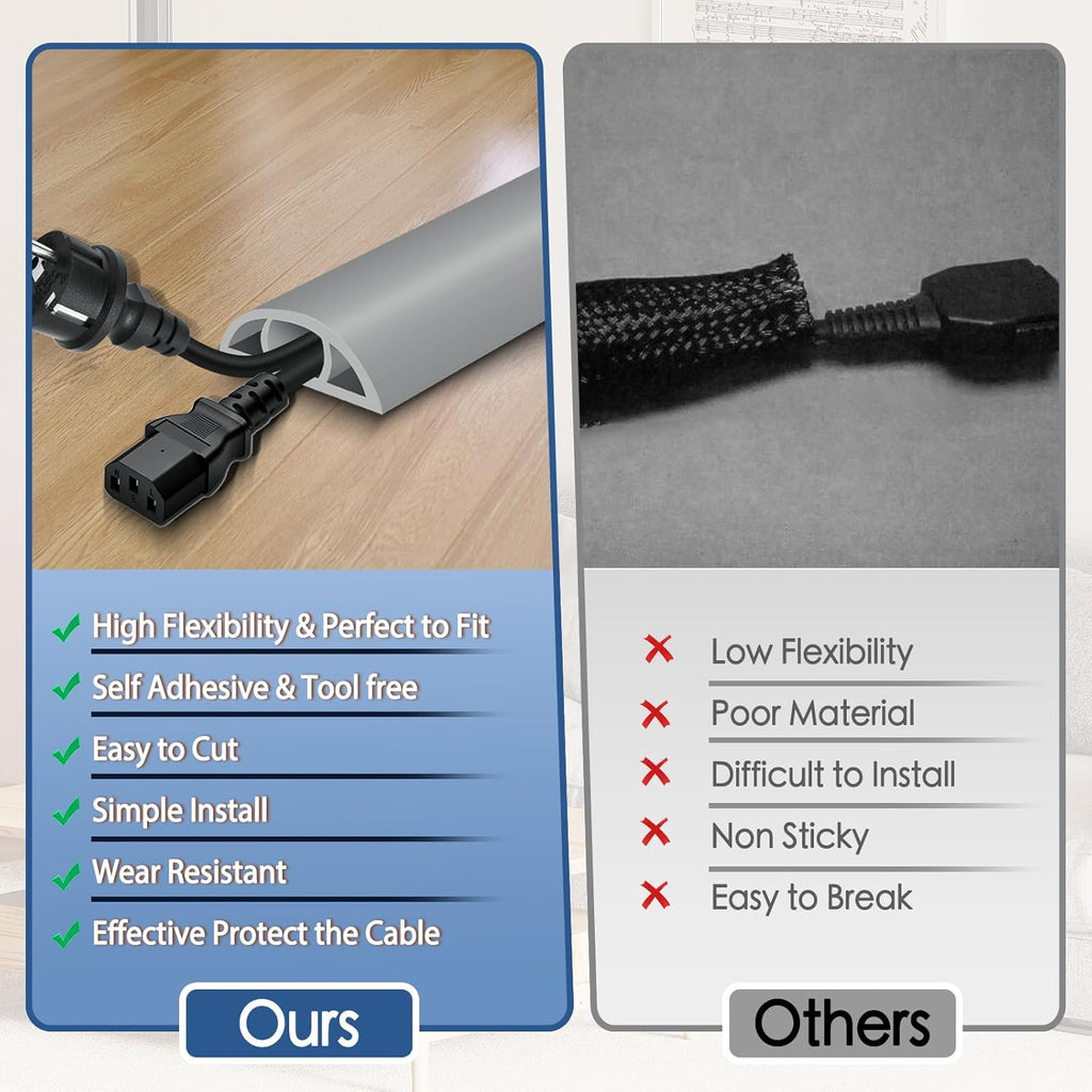 Floor Cord Cover for Wires on Floor Self Adhesive Cord Hider Floor Cable Management Wire Covers for Cords Protector Prevent Cable Trips Cord Cavity W 0.51" x H 0.31", Gray, 20Ft
