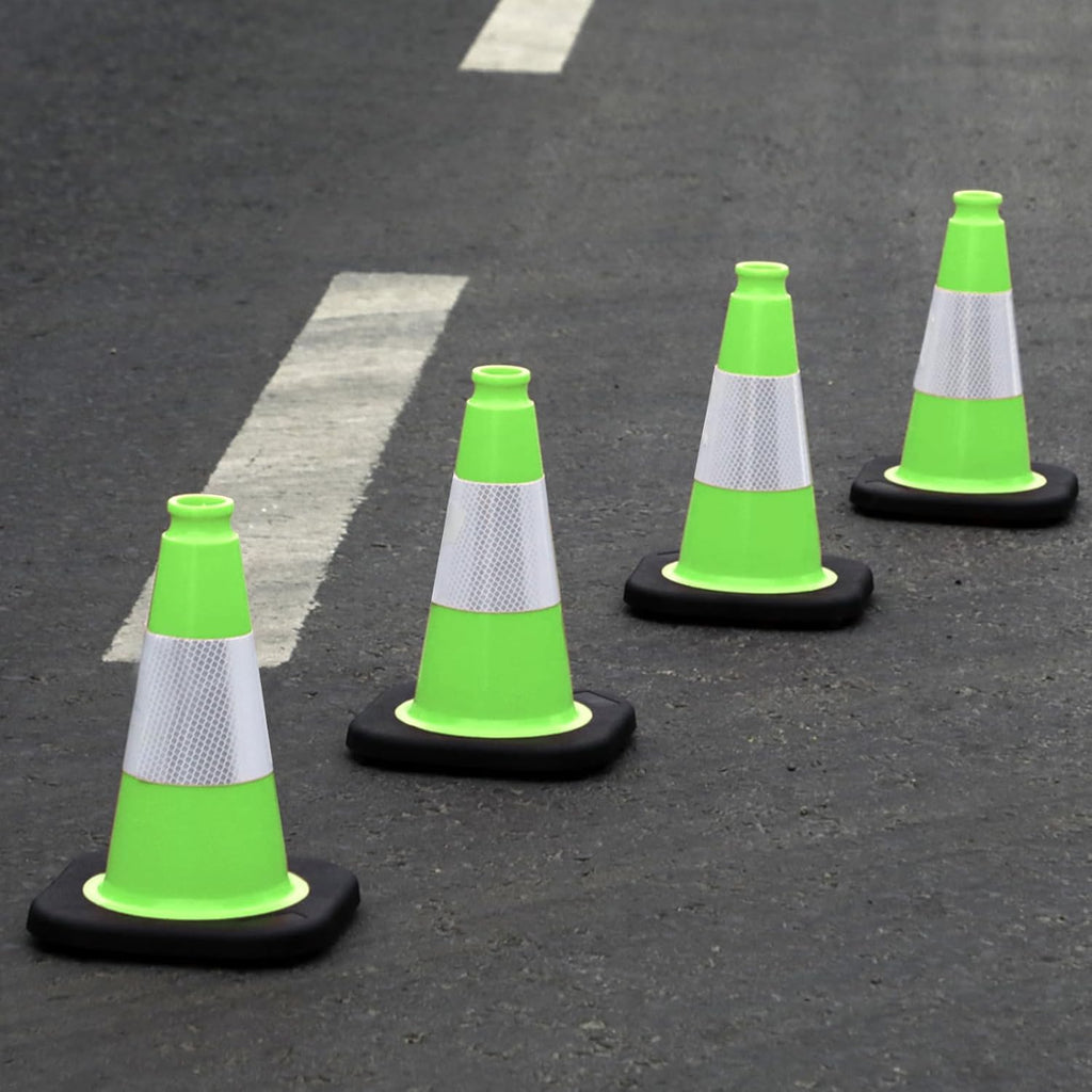 4 Pack 12 Inch Green PVC Traffic Cones Black Base Stable Durable, Sport Training Soccer Practice Kids Activities Markers Indoor Outdoor Use (4, Green, 12 Inch)