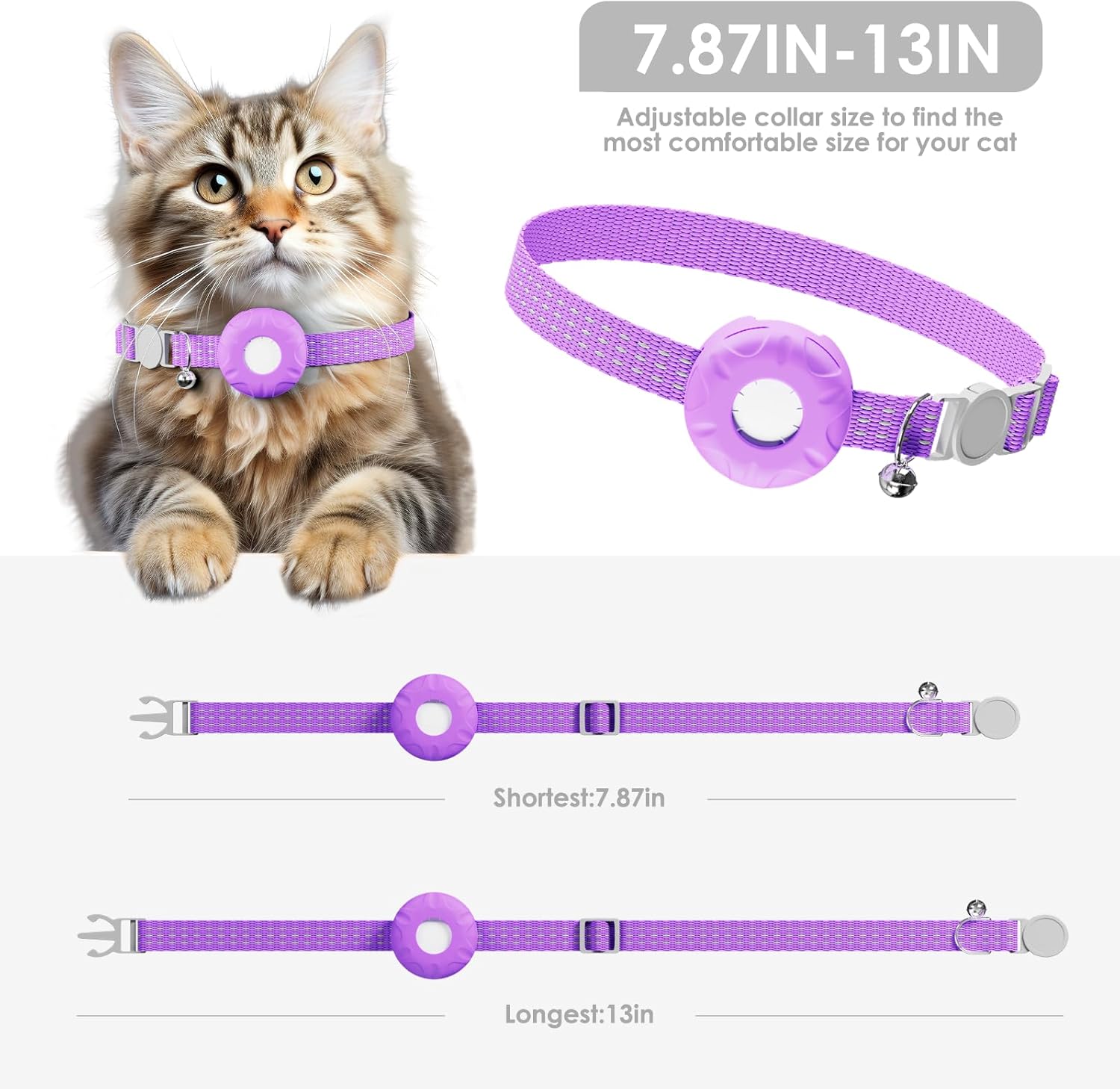 Cat Tracker, Waterproof Pet Tracker for Cats, Cat GPS Tracker Collar with Safety Elastic Buckle, Works with Any Collar, GPS Tracker Compatible with Apple Find My App (Only iOS), No Monthly Fee, Purple