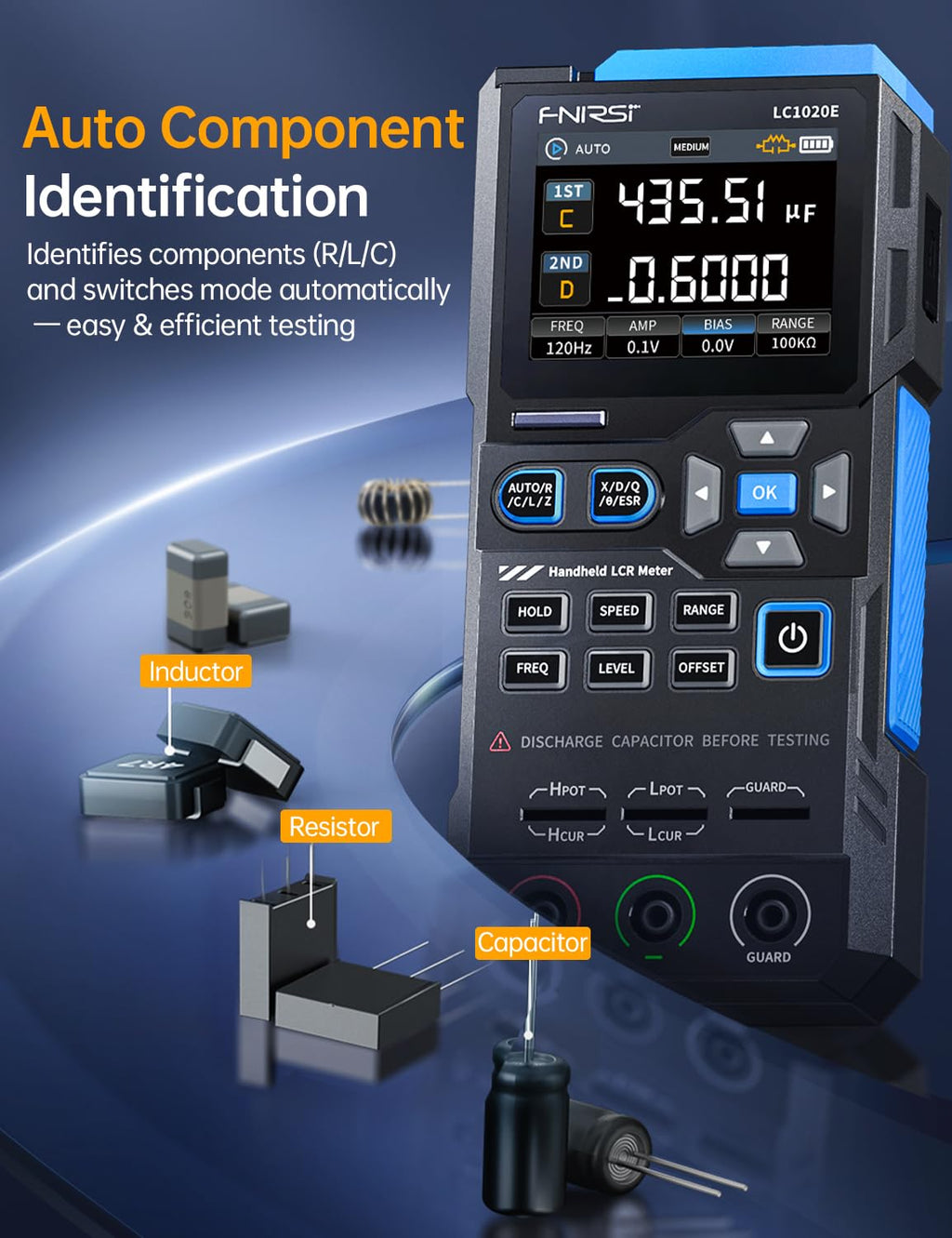 FNRSI LC1020E LCR Meter, 19,999 Counts Resistor Inductor Capacitor Tester, Auto Component Detect, Measures ESR/Q/D/θ/X, 2.8” Color TFT, Dual Parameter Display, Sorting & Open/Short Calibration