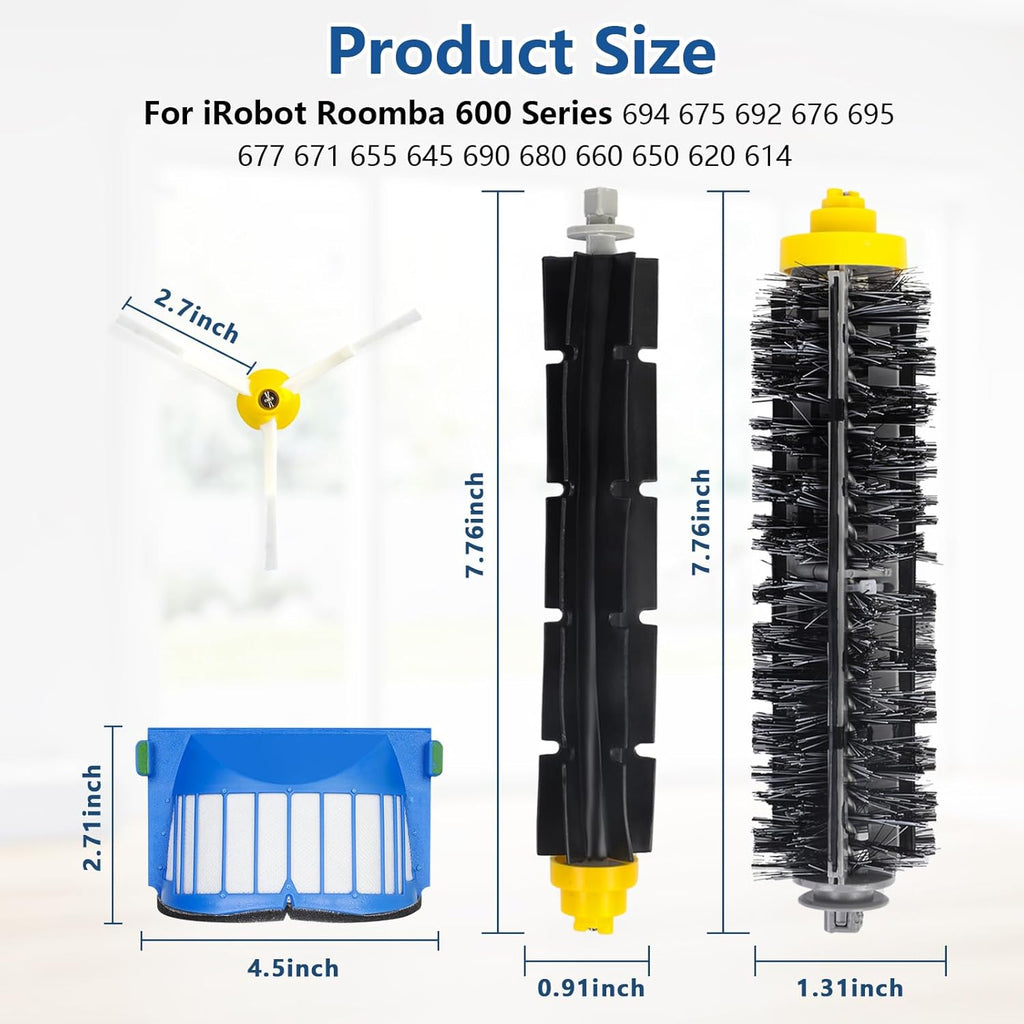 Replacement Parts for iRobot Roomba 600 Series 694 692 675 690 671 677 680 660 665 651 650 614 & 500 Series 595 585 564,1 Bristle and Flexible Beater Brush, 3 Filters, 8 Side Brushes