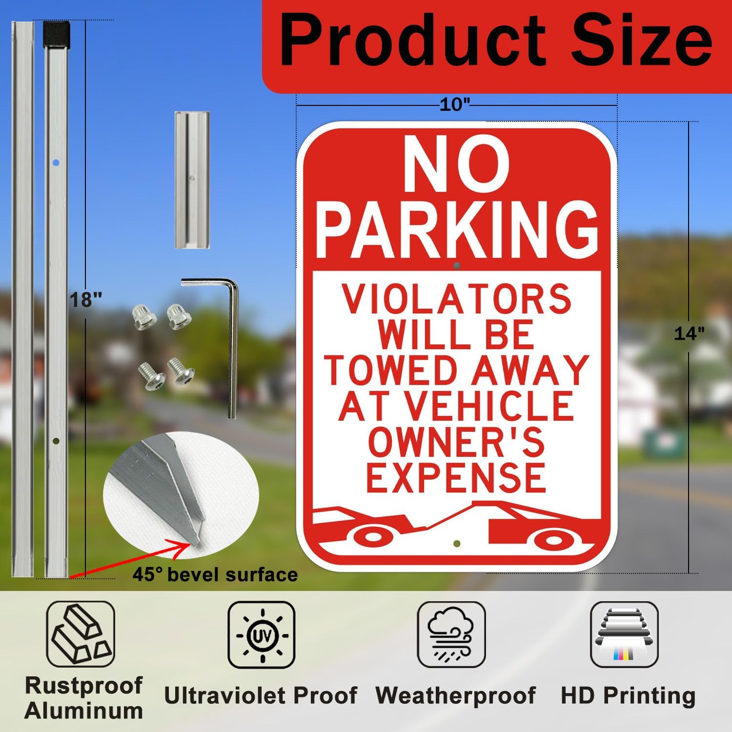 2 Pack No Parking Sign with 36" Metal Stakes, 14x10 inches Reflective Aluminum Sign, Fade Resistant/Waterproof, Violators Will Be Towed Warning