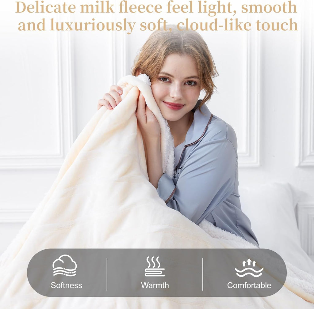 Electric Heated Throw Blanket 50" x 60", Soft Plush Flannel & Sherpa Electric Blanket with 8 Heat Settings, 1-12H Auto-Off, Fast & Even Heating, Machine Washable, Ideal for Home & Office, Beige