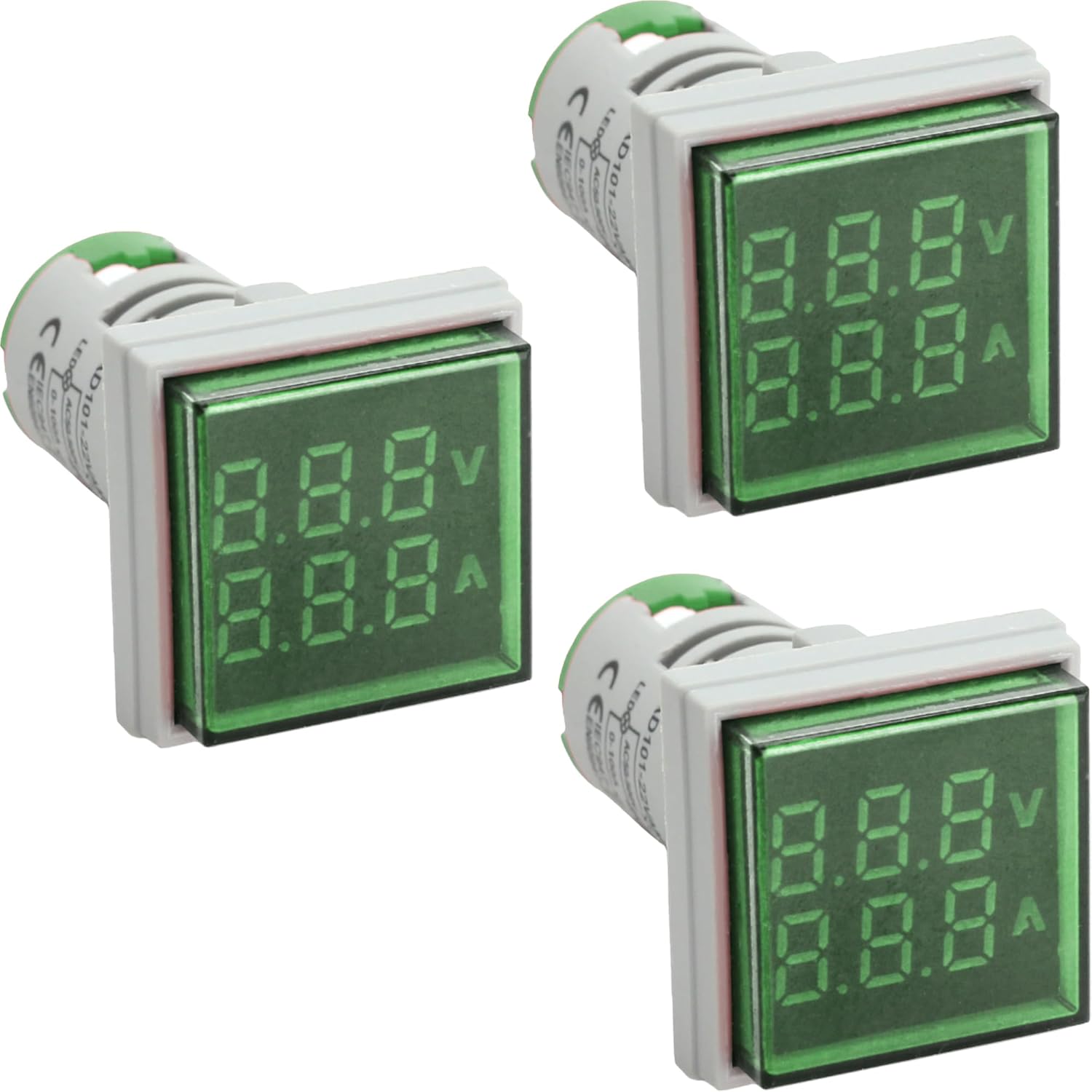 LED Voltage Display Panel Mount Volt Amp Meter, AD101-22VAMS 22mm Square Voltmeter and Ammeter, AC50-500V Voltage and 0-100A Current Meter, Green (3 Pack)