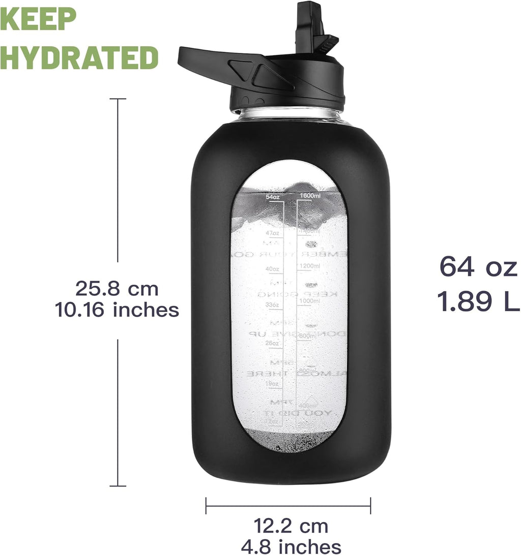 CIVAGO Half Gallon Glass Water Bottle with Straw and Insulated Bottle Holder Sling, 64 oz Motivational Water jug with Time Marker and Silicone Sleeve, Water Flask with 2 Lids, Black