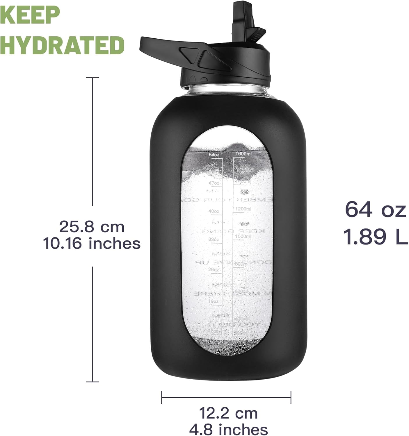 CIVAGO Half Gallon Glass Water Bottle with Straw and Insulated Bottle Holder Sling, 64 oz Motivational Water jug with Time Marker and Silicone Sleeve, Water Flask with 2 Lids, Sage