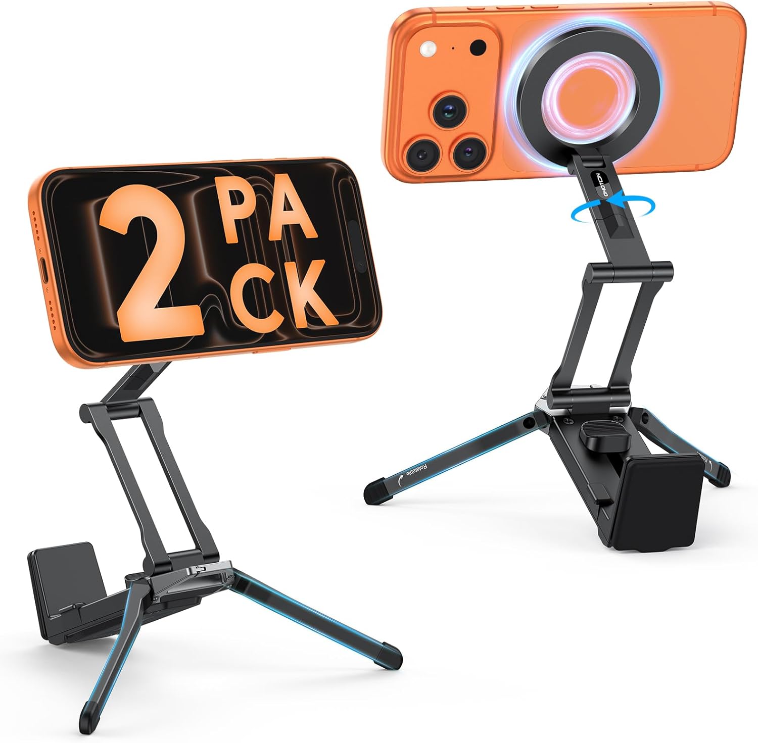 [2 Pack] OMOTON 360°Rotating for MagSafe Tripod, Adjustable Aluminum Magnetic Phone Tripod for iPhone 17/16/15/14 Pro Max Air, Foldable Cell Selfie Stick Fits Vlog, Gym, Travel Essentials