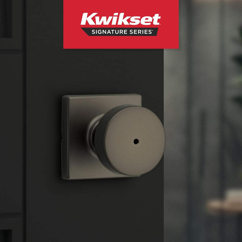 Kwikset Pismo Interior Square Privacy Door Knob with Lock, Door Handle for Bathroom and Bedroom, Gunmetal Keyless Turn Lock Doorknob
