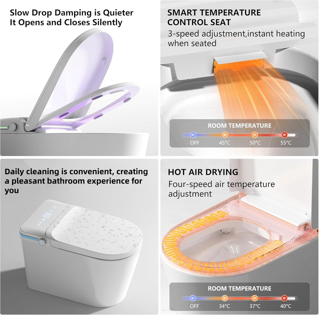 TDH Smart Toilet,One Piece Bidet Toilet for Bathroom,Toilet with Fahrenheit LED Display,Aromatherapy Tablet,Foot Sensor Operation & Auto Flush,Warm Water & Dry Function,Round Bidet Toilet Seat