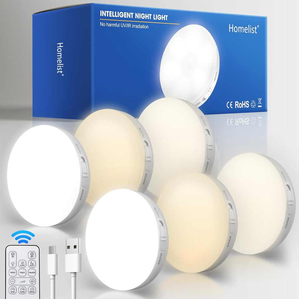 Homelist Motion Sensor Lights Indoor with Remote Control, 6 Pack Closet Night Lights Battery Operated Stick on Under Cabinet Lighting, 3 Color Temps Rechargeable Puck Lights for Kitchen Stair Hallway