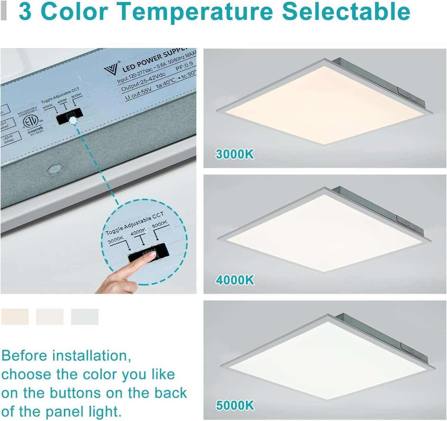 16-Pack 2x2 LED Flat Panel Light Drop Ceiling, 0-10V Dimmable, 3CCT Selectable (5000K 4000K 3000K) & 3 Wattage Switchable (40W 30W 20W), 100-277Vac, ETL & DLC