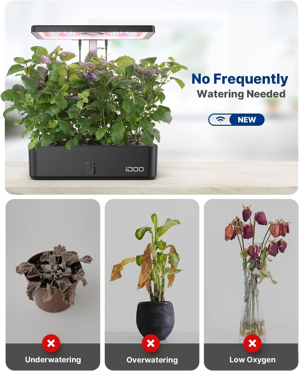 iDOO Hydroponics Growing System Kit 12Pods, Christmas Gifts for Women Mom, Herb Garden Indoor with LED Grow Light for Home, Built-in Fan, Auto-Timer, Adjustable Height Up to 11.3", 12Pods WiFi-Black