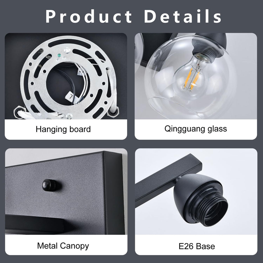 5-Light Bathroom Light Fixtures, Black Vanity Light with Premium Hand-Blown Glass Shades, Ultra-Clear & Impact-Resistant, Wall Lamp for Mirror, Living Room, Kitchen