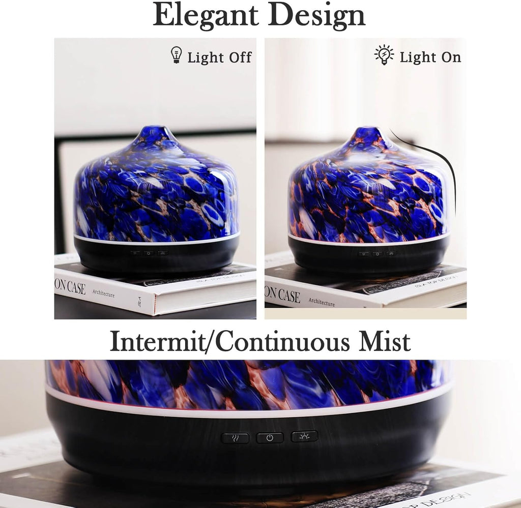 Porseme 500ml Glass Essential Oil Diffuser Aromatherapy Ultrasonic Cool Mist Humidifier 15-21 Running Hours Waterless Auto-Off Air Diffusers for Sleeping Yoga Office Working Spa and Rest (Deep Blue)