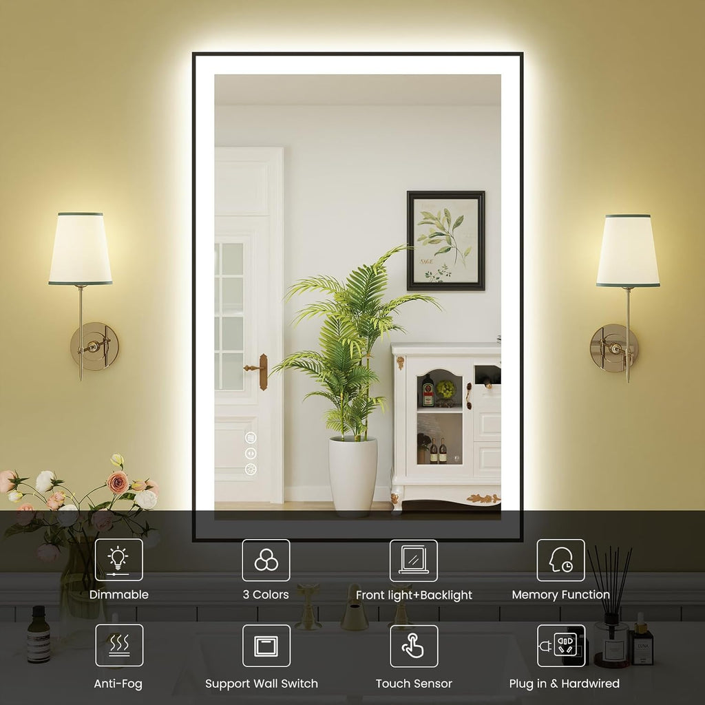 WTTY 24"X36" LED Bathroom Mirror with Black Frame, Bathroom Vanity Mirror with Lights for Wall, Front Light and Backlit, Anti-Fog, Dimmable, 3 Colors, Shatterproof, Memory, Horizontal/Vertical