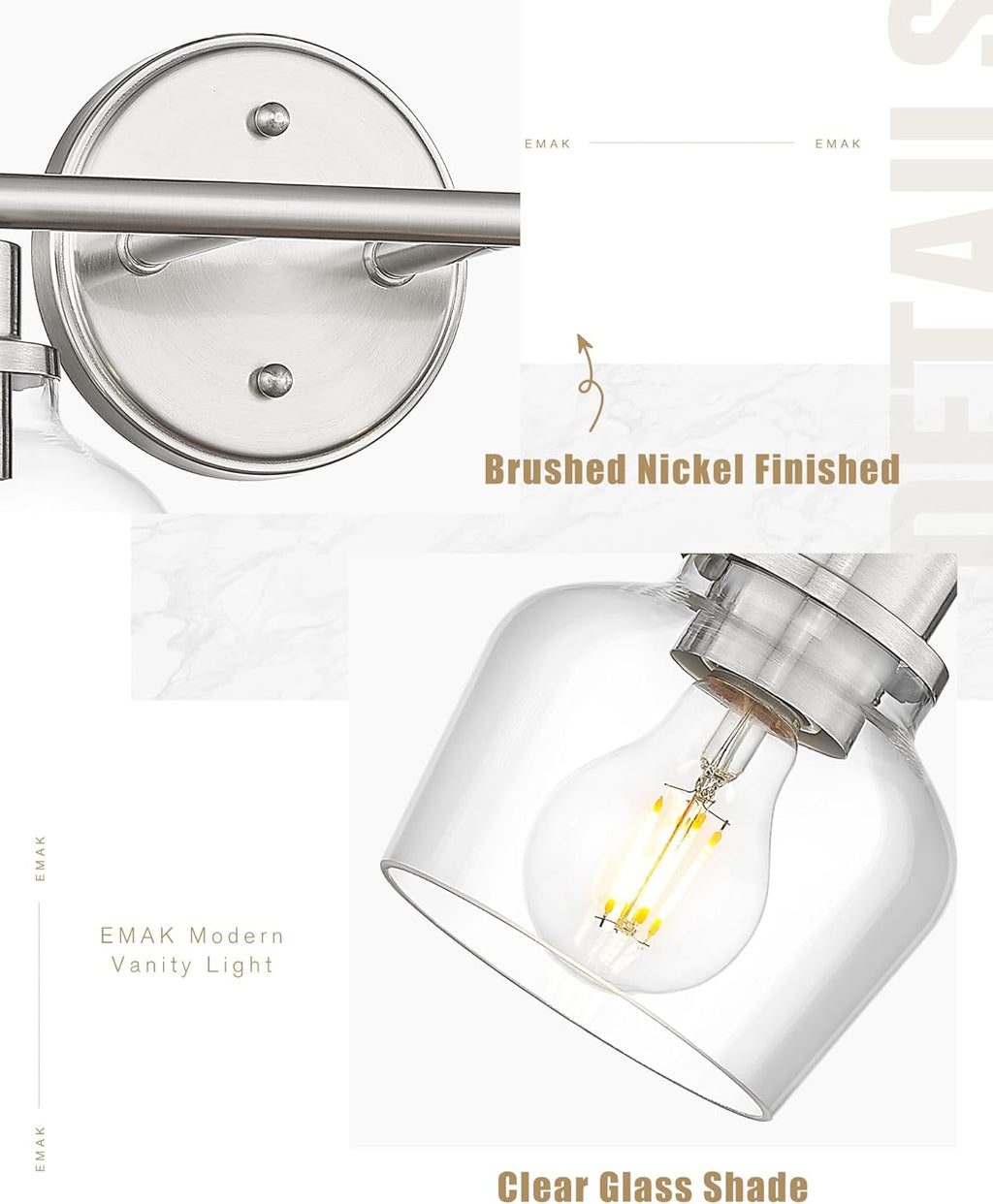 Emak 2-Light Vanity Lights, Brushed Nickel Bathroom Lights Over Mirror with Clear Glass Shade, Modern Bathroom Wall Sconces, VL122-BN-CG-2