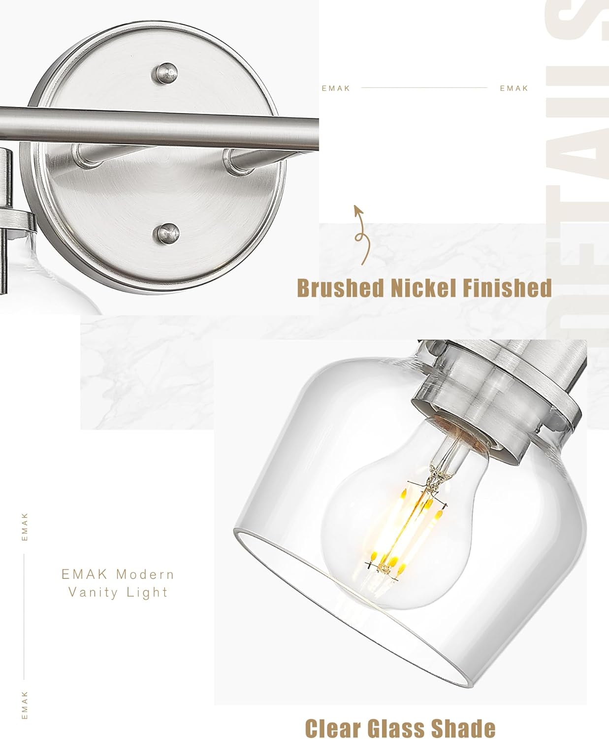 Emak 2-Light Vanity Lights, Brushed Nickel Bathroom Lights Over Mirror with Clear Glass Shade, Modern Bathroom Wall Sconces, VL122-BN-CG-2