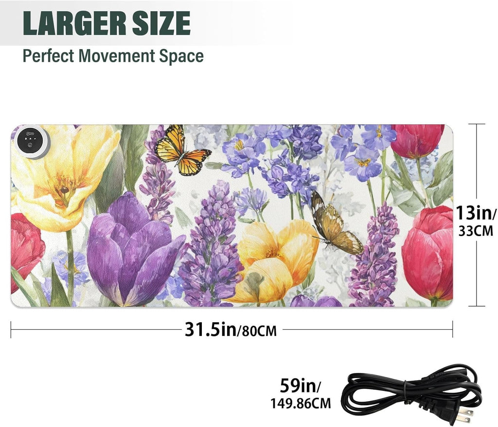 Heated Desk Pad Mouse Pad 31.5x13 Inch PU Leather Desk Mat with 3 Heat Levels Large Mouse Gaming Computer Laptop Mat Tulips Lavenders Purple Butterfly