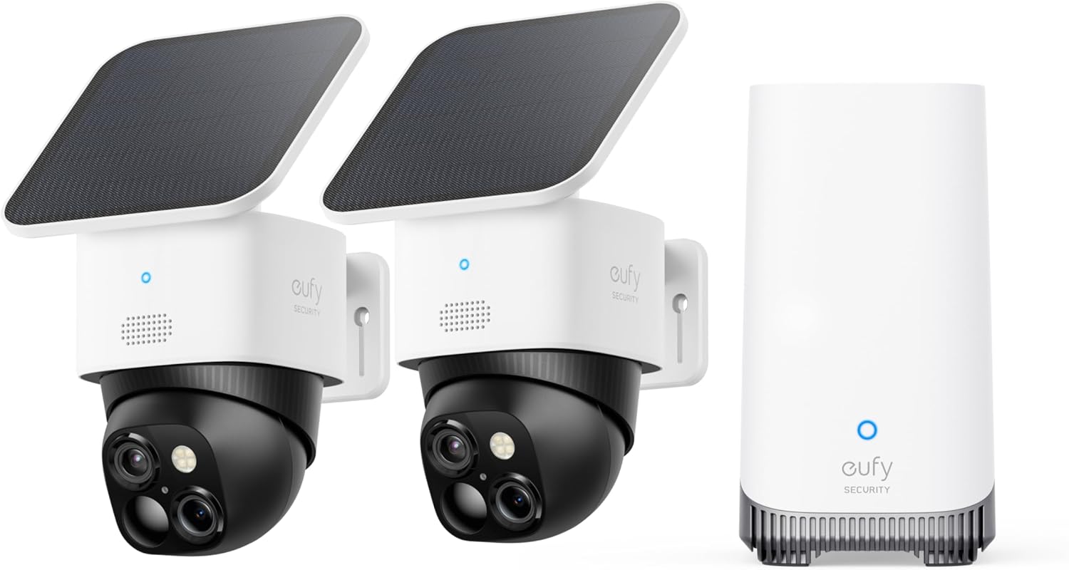 eufy Security SoloCam S340 2-Cam Kit (HomeBase S380), Solar Security Camera, Wireless Outdoor Camera, 360° Pan and Tilt Surveillance, No Blind Spots, 2.4 GHz Wi-Fi, No Monthly Fee