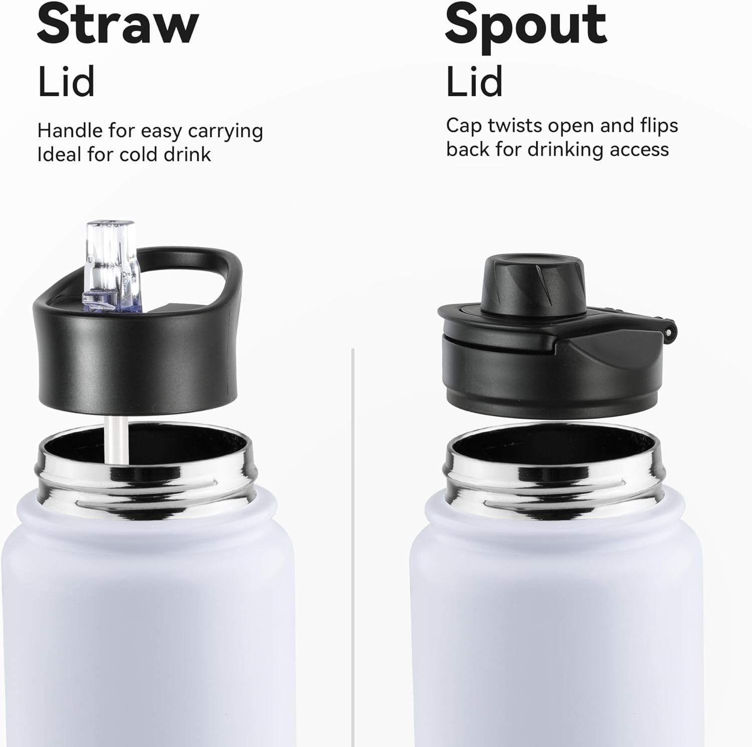 24oz Insulated Water Bottle with Straw Lid, Stainless Steel Metal Water Bottle with Straw & Wide Mouth Lid, Double Wall Vacuum Water Bottle for Hiking Camping, White 4 Pack