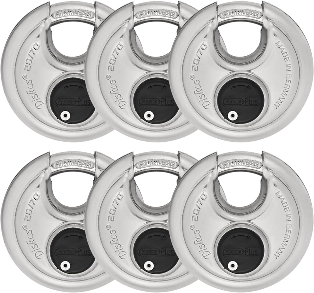 ABUS - Diskus 20/70 Padlock with Key - 6 Pack (2.75") 70mm - Heavy Duty Stainless Steel - Cut, Rust & Drill Resistant - Storage & Outdoor - Pad Lock with 2 Keys (Keyed Different) - Locker Lock