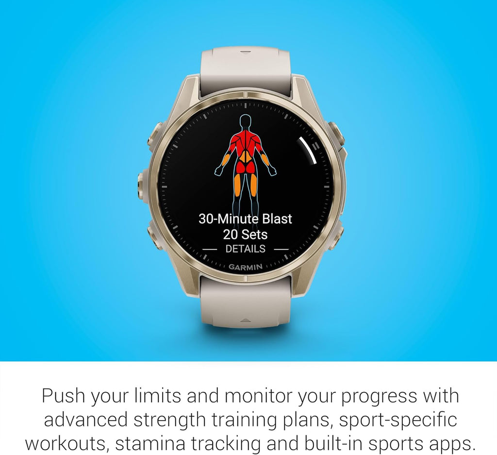 Garmin Fenix 8 Premium Multisport GPS Running Smartwatch, 43 mm | AMOLED, Dive-Rated, Built-in Flashlight | Soft Gold with Dark Sandstone Band with Signature Series Charging Stand