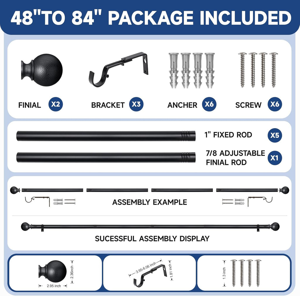 BRIOFOX Black Curtain Rods for Windows 48 to 84 Inch(4-7.33ft) - 1'' Diameter Heavy Duty Curtain Rods with Imitation Wood Grain Pattern Finials,Adjustable Decorative Curtain Rods Set,28-88''