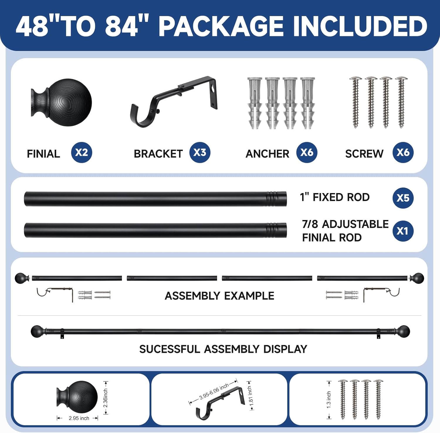 BRIOFOX Black Curtain Rods for Windows 48 to 84 Inch(4-7.33ft) - 1'' Diameter Heavy Duty Curtain Rods with Imitation Wood Grain Pattern Finials,Adjustable Decorative Curtain Rods Set,28-88''
