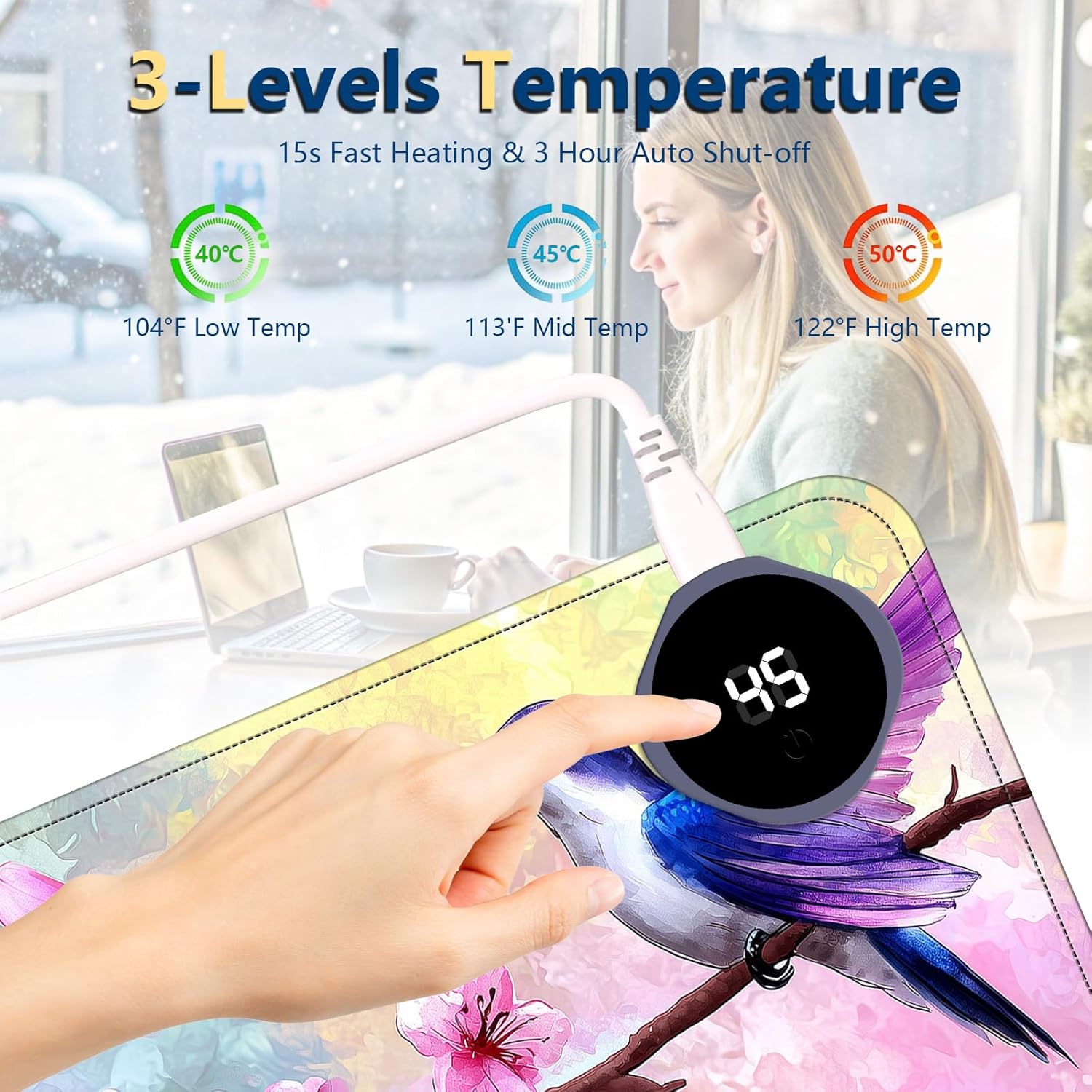 Heated Mouse Pad with 3 Temperature Settings(104°F–122°F),Large 31.5x13 Inch PU Leather Heated Desk Mat,Waterproof Warming Pad for Office,Gaming & Cold Hands Relief,Hummingbird Cherry Bloom