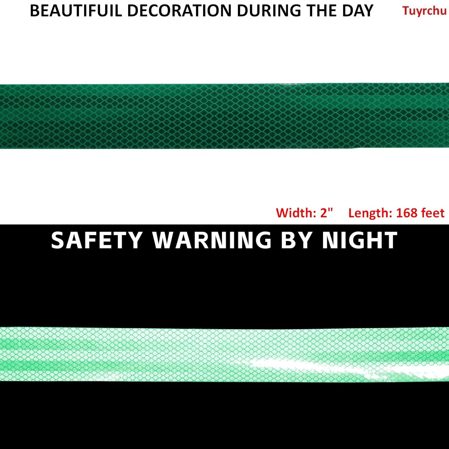 Non Fading Green Reflective Tape Outdoor Waterproof 2 inch Wide, High Visibility Warning Industrial Marking Tape, Safety Stickers (168 feet)