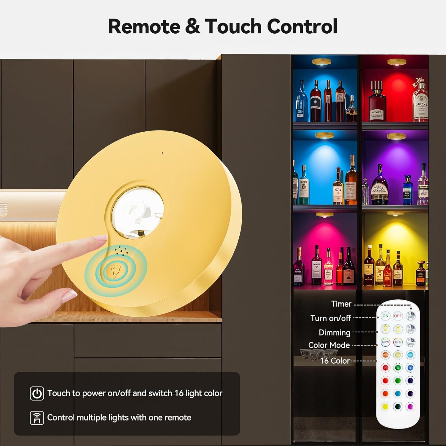 Yiliaw Rechargeable Puck Lights with Remote, Magnetic Under Cabinet Lighting, 1500mAh Battery Operated LED Tap Lights with Dimmer & Timmer for Kitchen, Closet, Shelf，Gold-3 Color Temps-12RGB，12-Pack