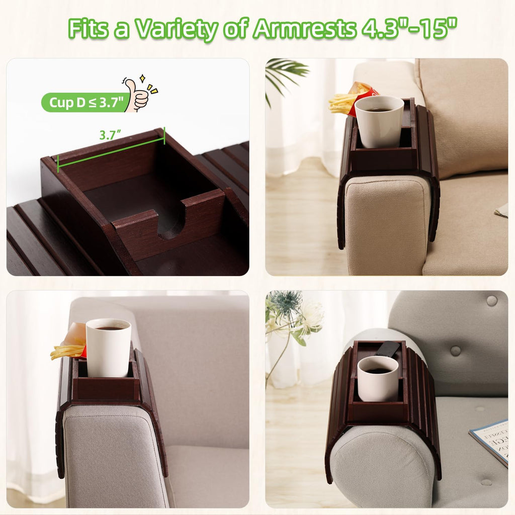 GEHE Couch Cup Holder, Anti Falling Sofa Arm Tray, Natural Bamboo Sofa Cup Holder More Safe for You Family, Portable Couch Arm Tray Armrest Table for Remote, Snacks, Phone, Drinks