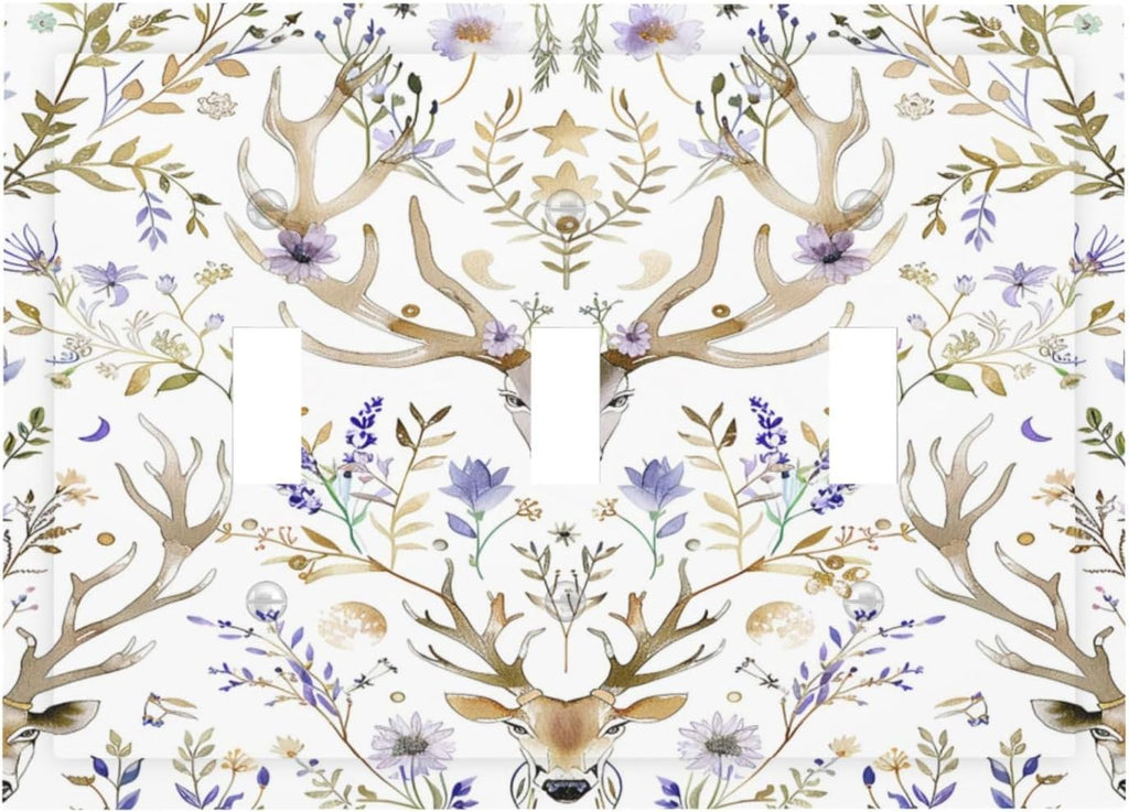 Decorative Switch Plates Gothic Retro Floral Damask Elk Wild Flower 3 Gang Wall Plate Triple Toggle Light Switch Cover Faceplate Electrical Wall Panels For Bed Room Living Room Decor