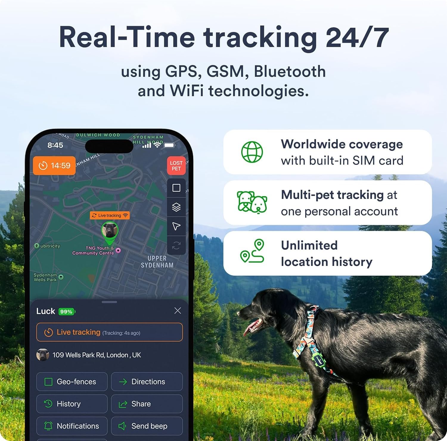 GPS Pet Tracker for Dogs - Dog Tracker Fits on Your Pets Collar, Waterproof, Smart App Controllable Geofencing and Pet Location History (Dog - 4 Months Included)