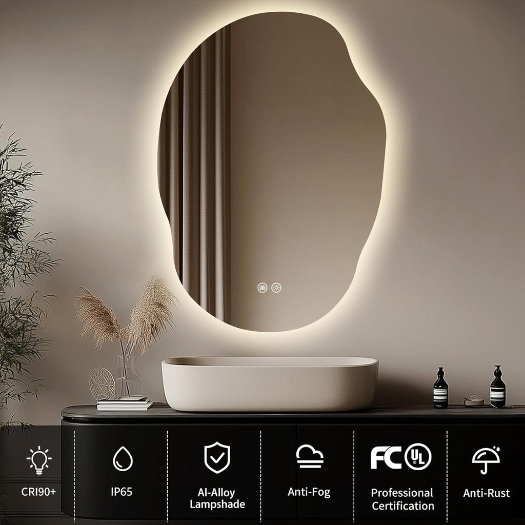 LED Mirror for Bathroom 22x30 in, Stepless Dimmable Irregular Backlit Mirror with 3 Colors, Anti-Fog, Memory, Al-Alloy Lampshade, Frameless Vanity Mirror for Bathroom (Horizontal/Vertical)
