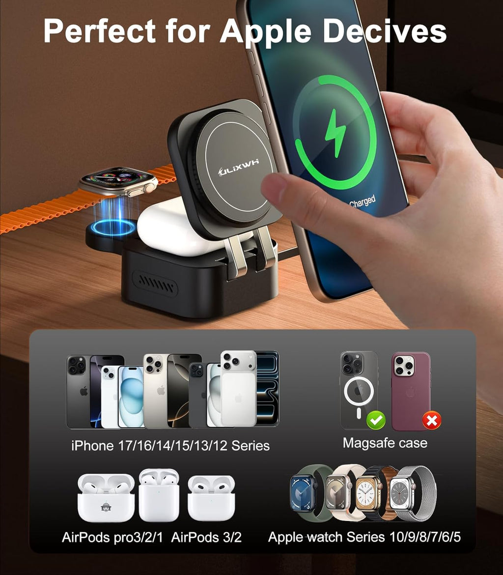 Retractable 3 in 1 Charging Station for Apple [Built in Cable] 22.5W Fast for Magsafe Wireless Charger, Travel Essentials, Magnetic Foldable Stand for iPhone 17 Air Pro Max 16 15 iWatch Airpods