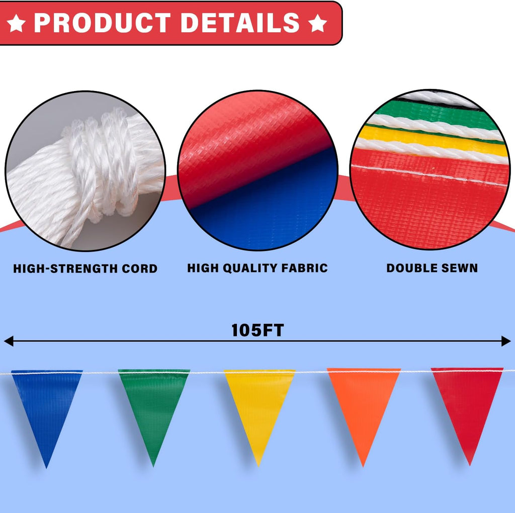 105ft Pennant Banner Flags, 7"x10" Fluorescent Multicolor Safety Flagging Warning Banner for Construction Site/Traffic Control/Boundary Barrier Signs, Perimeter Marking Flags on String, 45 Pcs