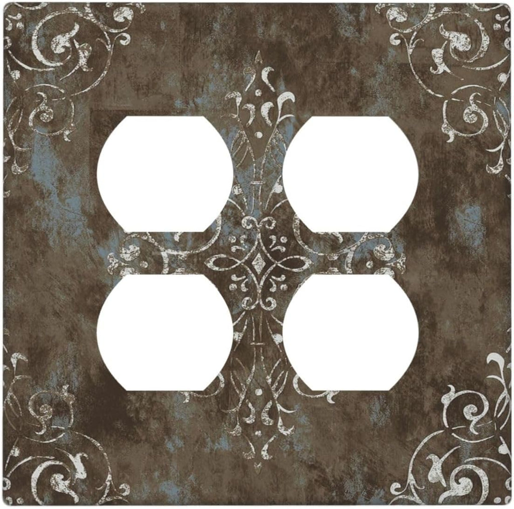 Decorative Outlet Covers Brown Vintage Abstract Floral 2 Gang Wall Plate Cover Double Duplex Receptacle Two Switch Light Switch Cover Plate Jumbo Dual Faceplate for Home Decor