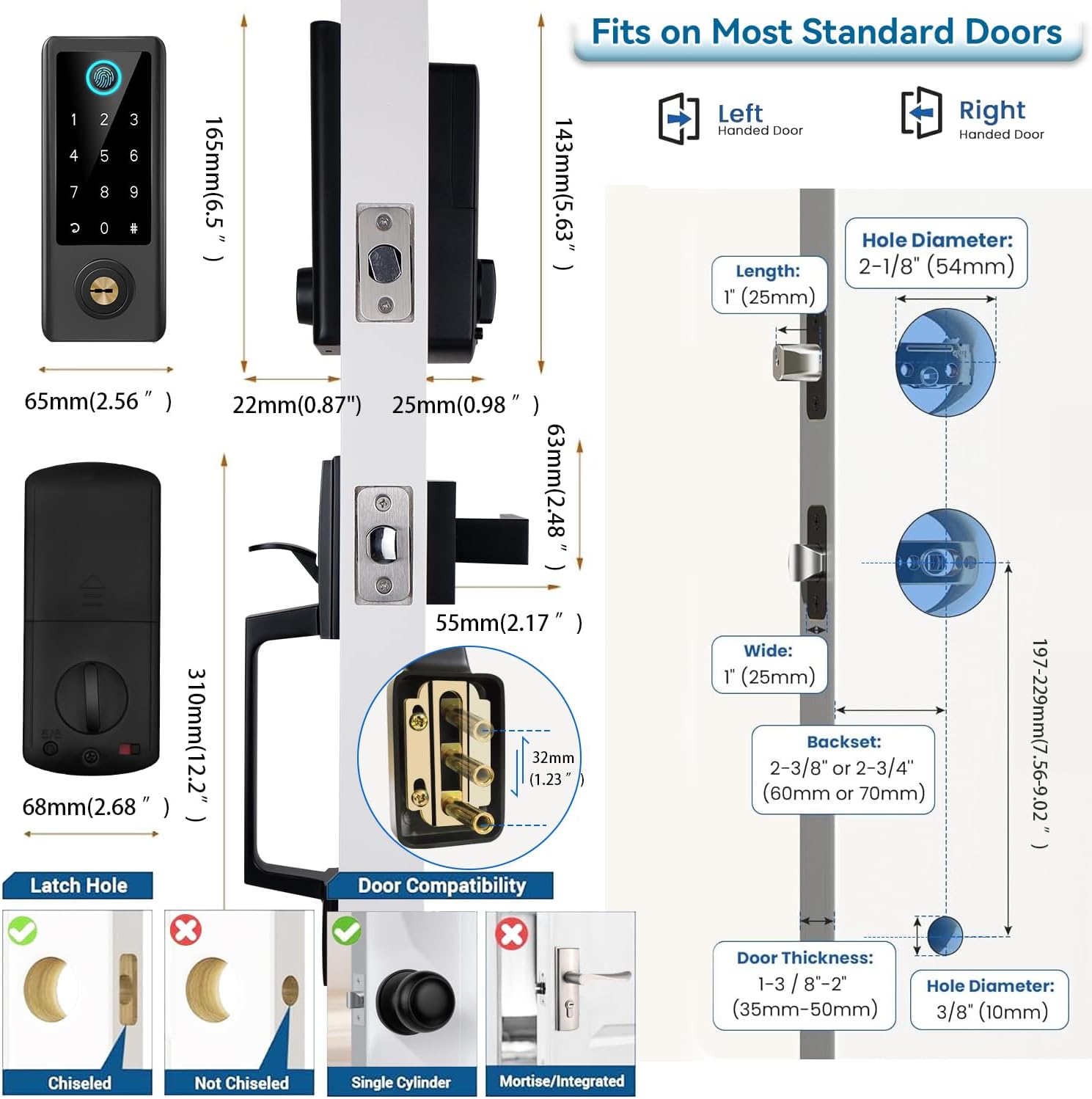 Fingerprint Door Lock with Handle Sets, BEBASIA Keyless Entry Door Lock, Bluetooth Front Handle Set, Smart Deadbolt, Electronic Keypad Digital Lock with Handle, Black